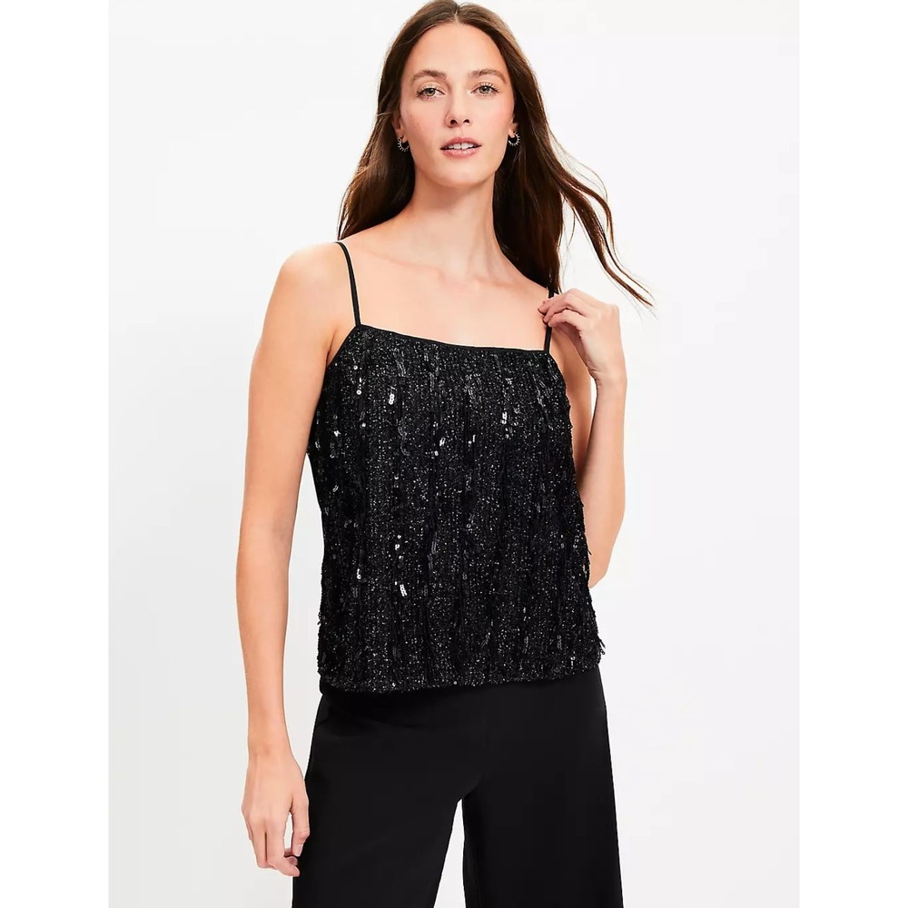 Loft Sequin Fringe Square Neck Cami Black Party Top Evening Glam Size Large